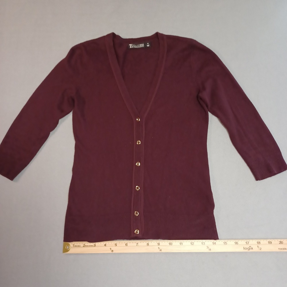 7th Avenue New York & Company Burgdy V-Neck Button Cardigan Sweater XS Gold Trim